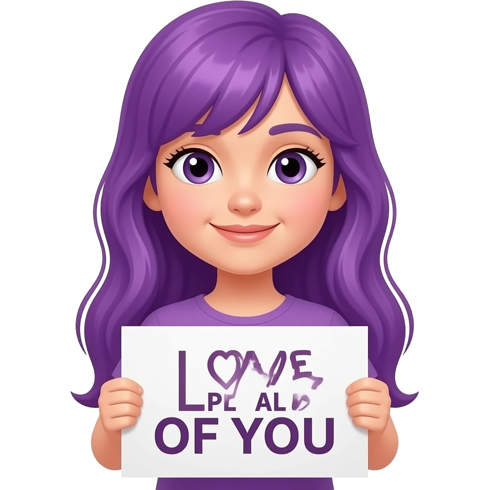 girl with long purple hair holding a -MASKTOK- LOVE ALL OF YOUsign emoji
