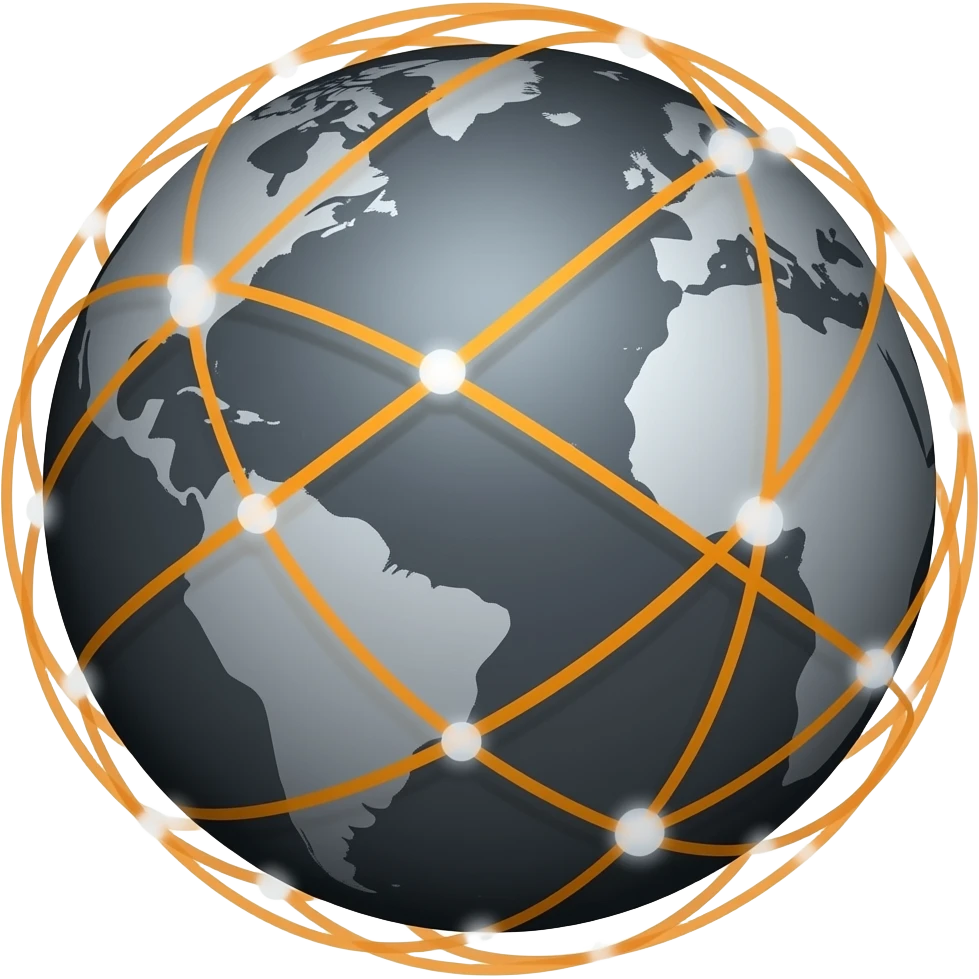 A gray planet Earth with orange network lines surrounding it and white dots on it emoji