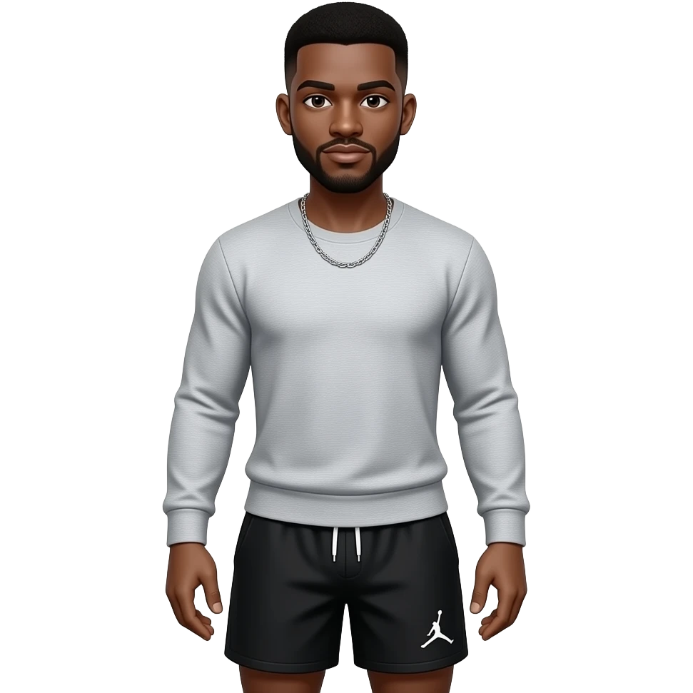 make a black skinned 22 year old no beard with a low taper fade wearing a thin grey long sleeve and nothing on it with black jordan shorts and make sure he looks athletic with a very thin silver chain with nothing on it emoji