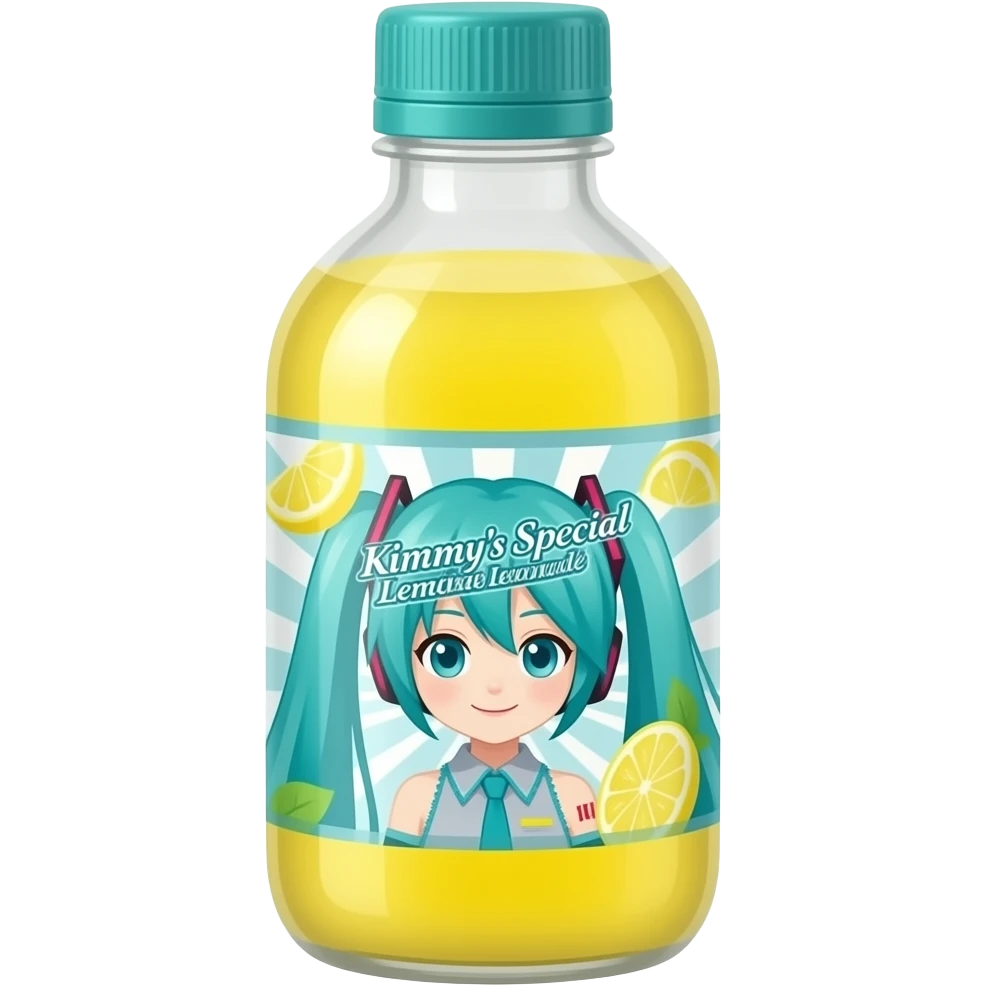 bottle of lemonade, with a miku hatsune label, yellow lemonade, teal cap, label say Kimmy's Special Lemonade emoji