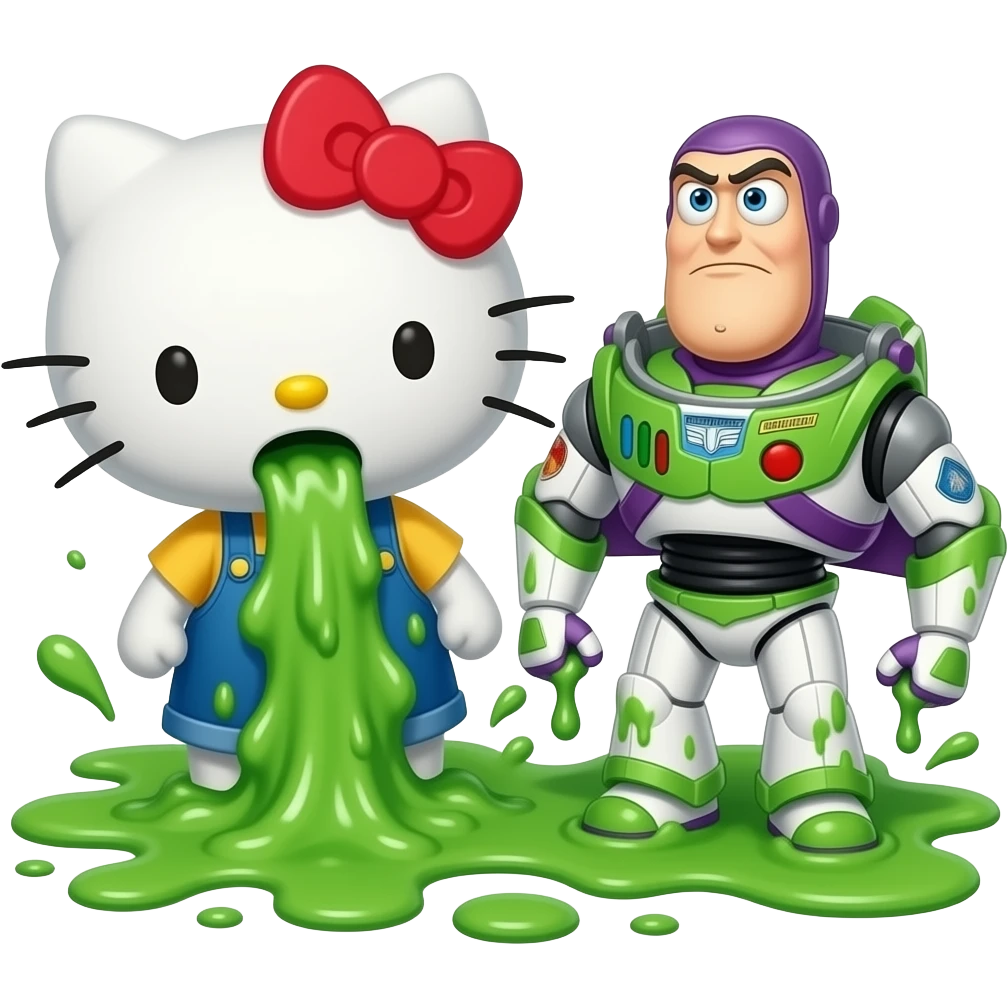 Green and white, throwing up—Hello Kitty and Buzz are throwing up together, a lot, covering the ground in vomit; it's gushing out of her mouth like Niagara Falls angry emoji