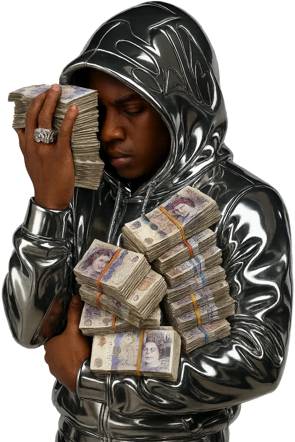 Create a chrome style iconic and bold icon of the person in the reference image. The face and hands should have brown skin with natural, realistic facial features. Keep the hoodie and clothing in chrome style. The money bills should remain realistic and detailed, blending well with the chrome style overall. emoji
