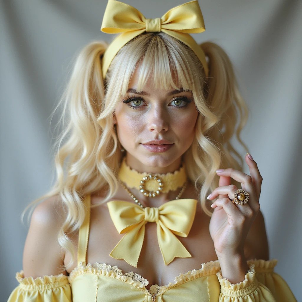 pastel yellow gothic bow and matching accessories including choker, hair clip, brooch, ring with lace and velvet details, photorealistic style, transparent background, variation 4 emoji