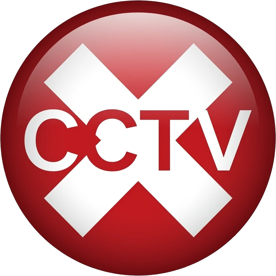 Red filled circle with white X and arrow end points on the X. CCTV word in the centre emoji