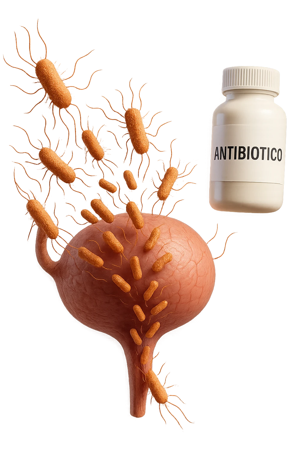 batteri intestinali che migrano ed entrano in una vescica anatomica realistica per infettarla, davanti a lei fluttua una boccetta con la scritta "ANTIBIOTICO", iperrealistico 4k emoji