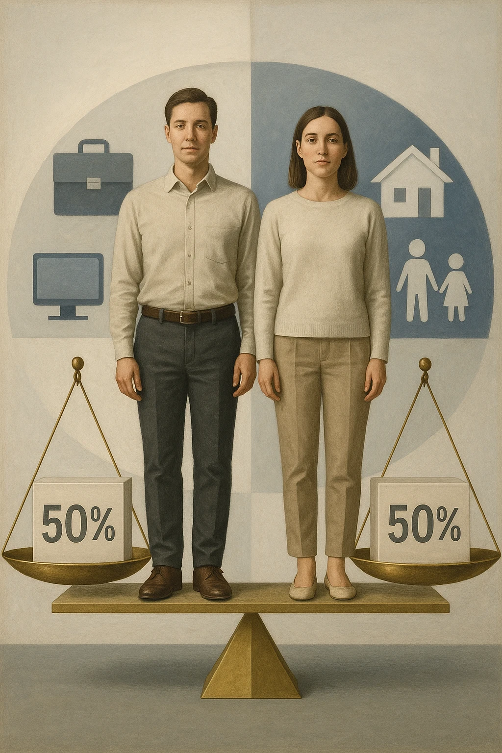 Uomo e donna in piedi l’uno accanto all’altra, al centro di una bilancia perfettamente in equilibrio. Entrambi vestiti in modo simile (moderno e neutro), con espressioni serene e rispettose. Sotto i loro piedi, due blocchi con scritto '50%' ciascuno. Sullo sfondo, elementi divisi simmetricamente: lavoro, famiglia, tempo libero, rappresentati equamente da entrambi. Atmosfera armoniosa, illuminazione equilibrata, colori neutri e simbolici (bianco, grigio, blu e oro). Stile realistico con accento simbolico sul concetto di equità in italiano emoji