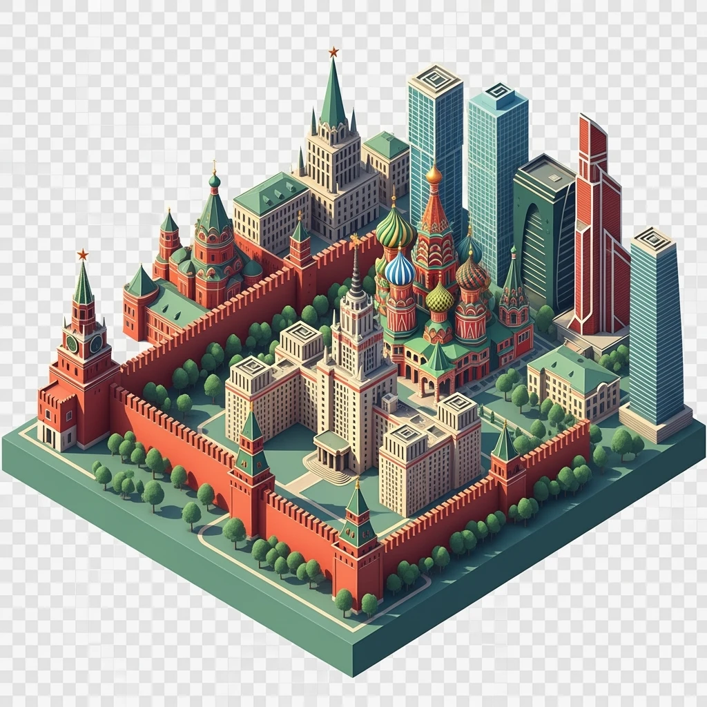 Изометрическая фотореалистичная иллюстрация-модель Москвы с Кремлем с Храмом Василия Блаженного, МГУ и Сити, баланс между стилизацией и реализмом, эффект миниатюры, прозрачный фон emoji
