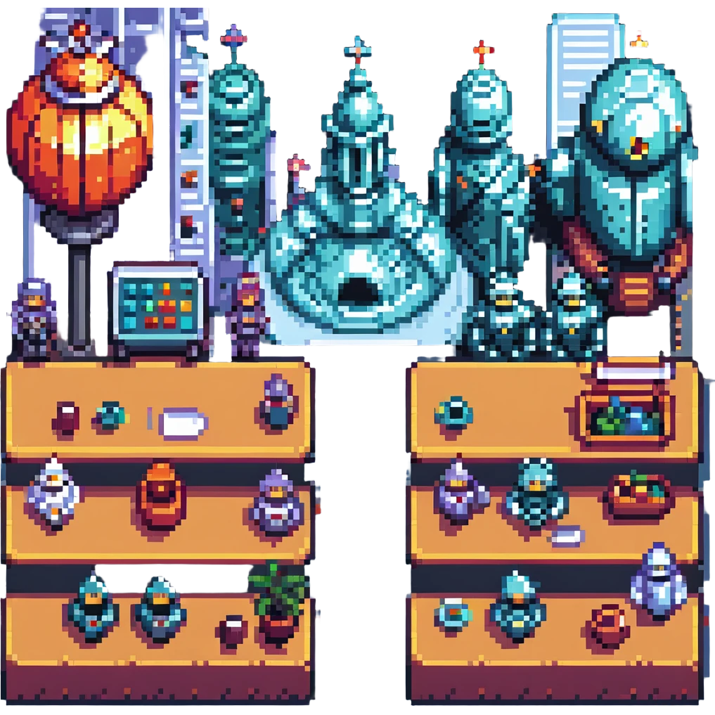 Add a detailed futuristic city as the background, keeping the Last Supper scene with knights, robots, and people at a long table in pixel art style. Make the scene vibrant and colorful with pixel art details. emoji