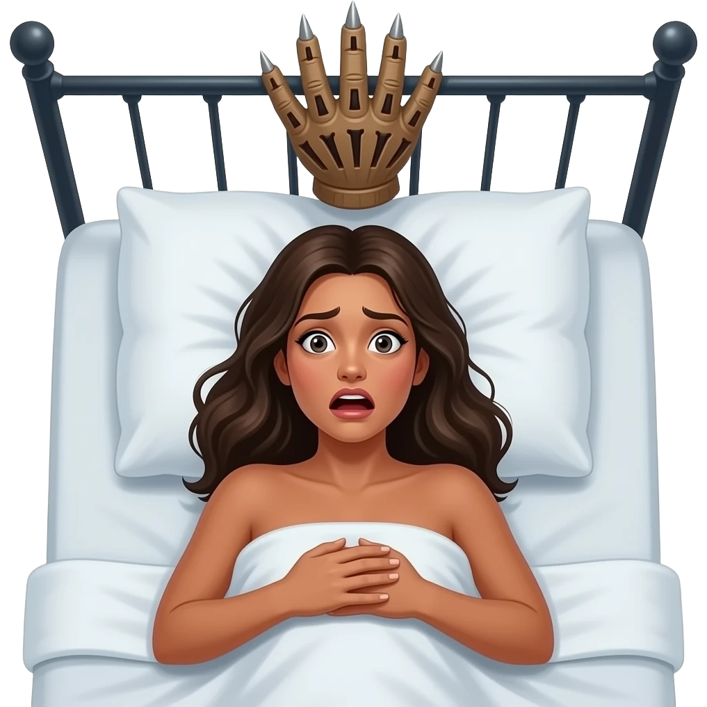 top view of a deeply tanned naked woman lying in bed clutching the bed sheets looking at the camera and is terrified by a dream of a giant freddy krueger's glove with knives fingertips reaching out above her head emoji