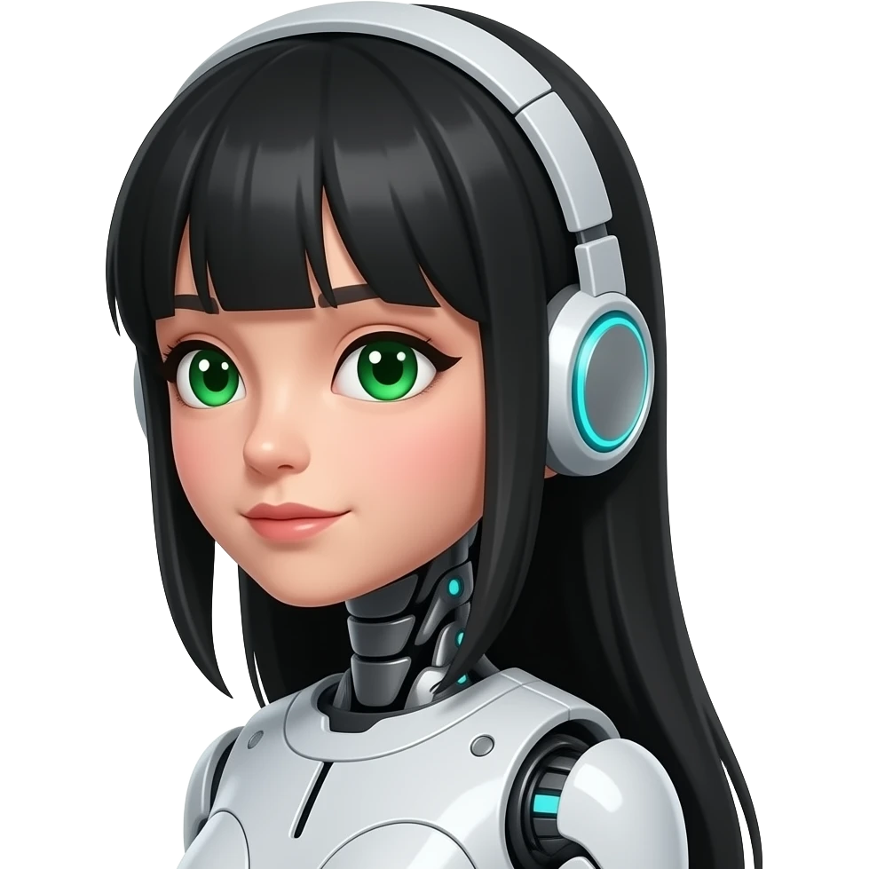 very pretty robot girl with green eyes and long black hair covering ears, redish cheecks and high heekbones with bangs with a longer face and olive skin  face should be turned to the side, emoji