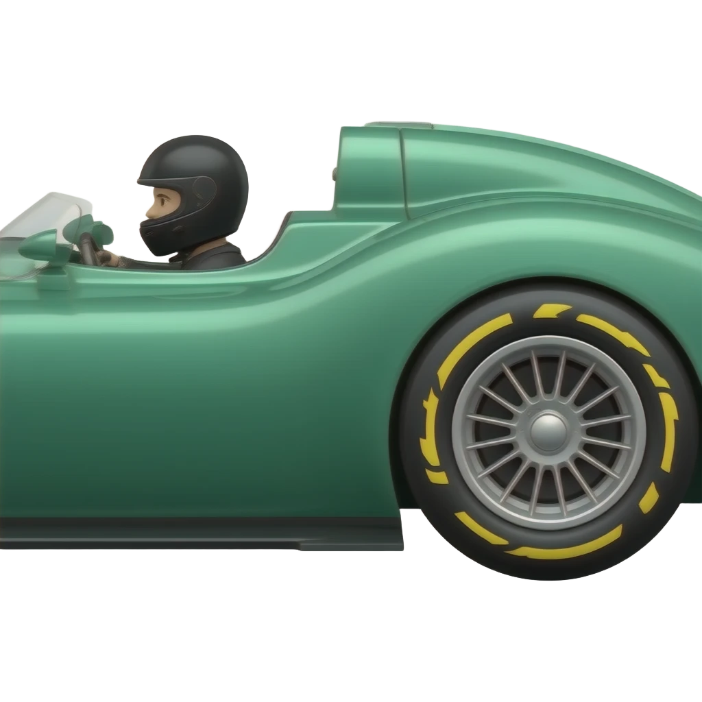 Original looking Aston Martin green f1 car SIDEWAYS with the driver inside the car wearing a black helmet emoji