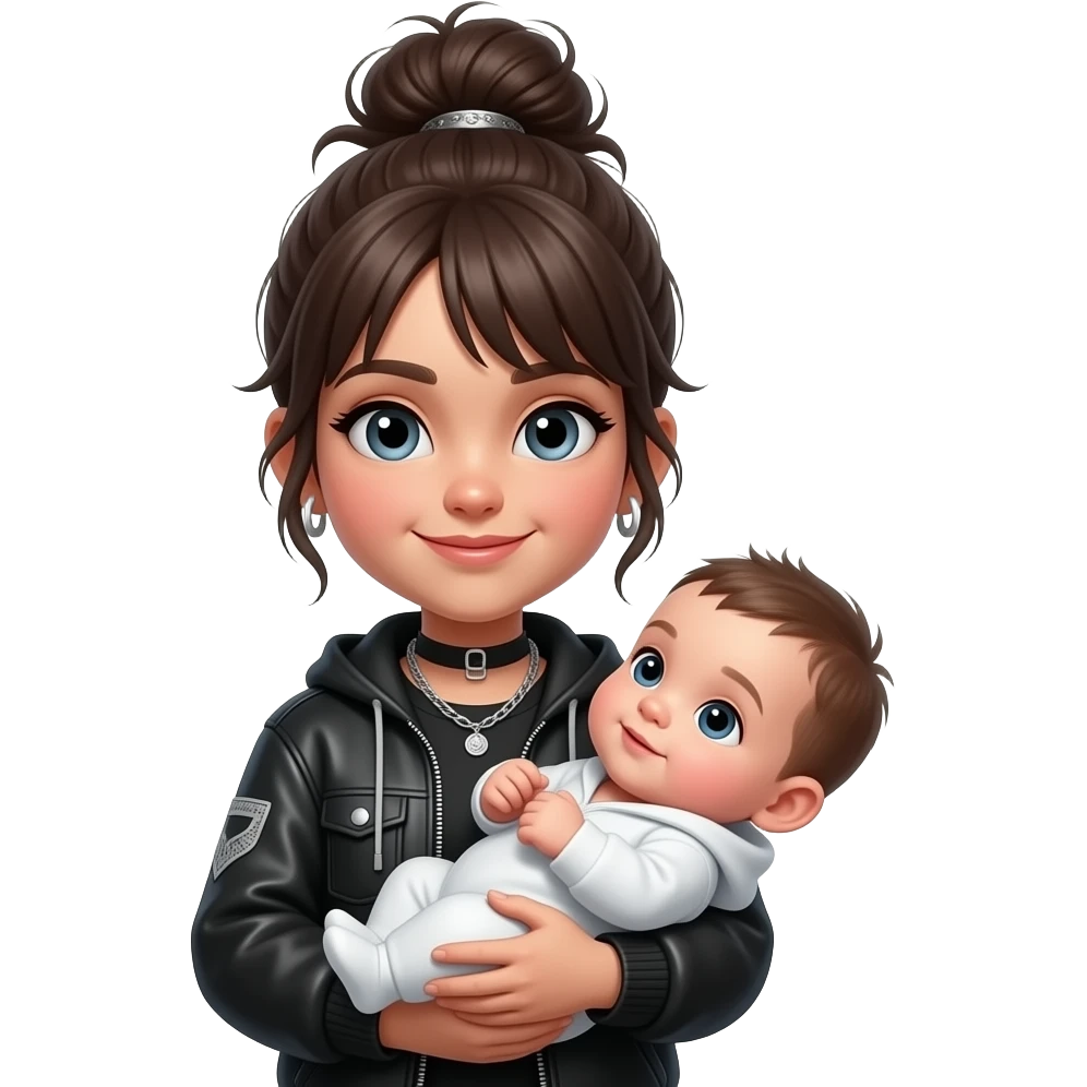 Make a girl with a messy bun that is mixed and gangsta looking with a baby in her hands emoji