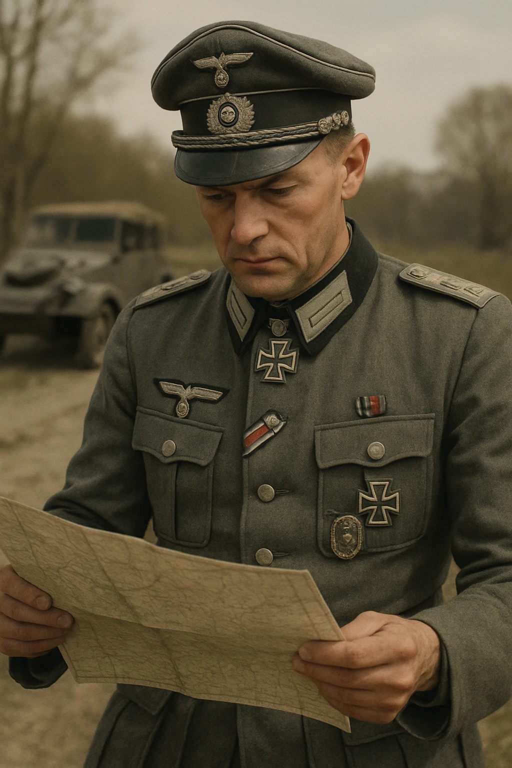 World War II German officer reading a map, classic military attire, historically accurate, detailed, realistic style emoji