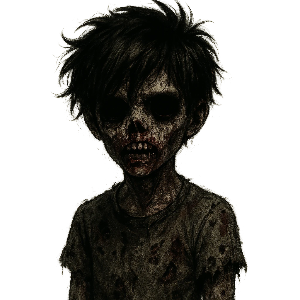 boy zombie with messy black hair, emo and unsettling, black eyes, dark skin, horror style emoji