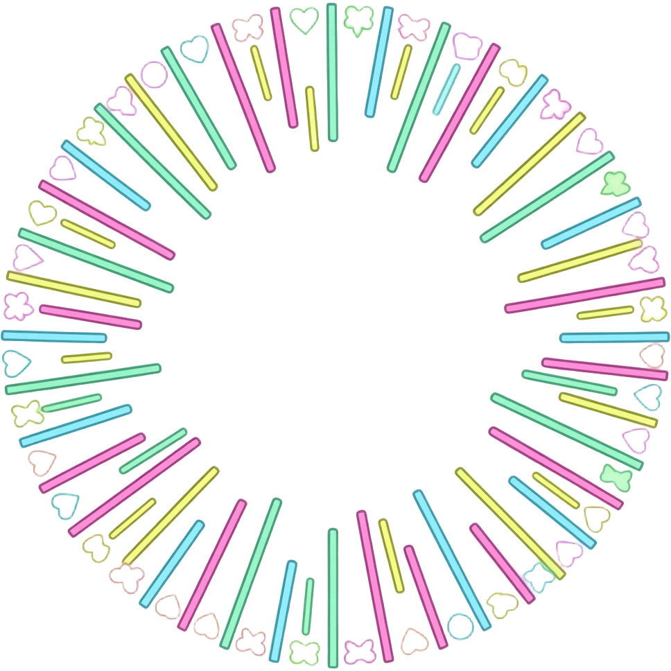 many light blue , pink, green and yellow colored glowly straight, vertical, and horizontal lines, small outlined hearts, bows and circles of the same colour scattered messily and without a pattern far from each other while looking like they might form a circle emoji