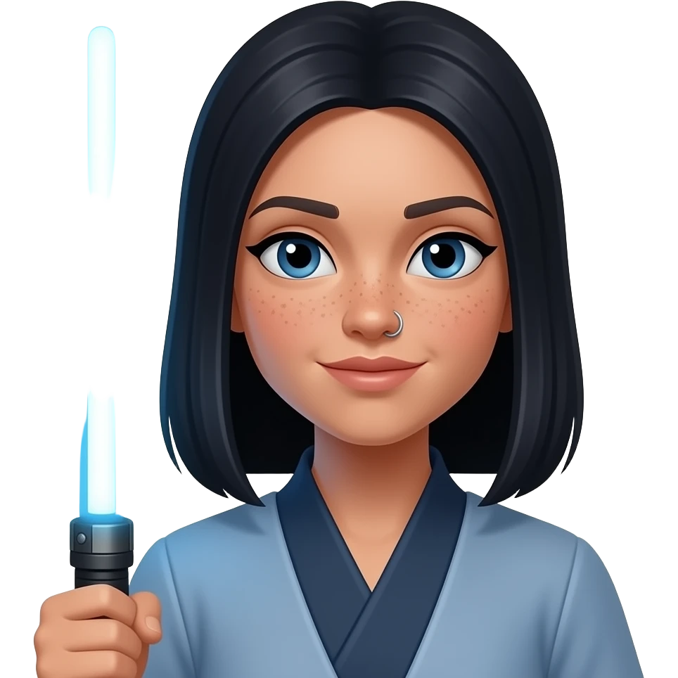 Princess, blue lightsaber, slightly lighter skin tone , with shoulder darker length straight hair and a nose ring, more freckles around nose emoji
