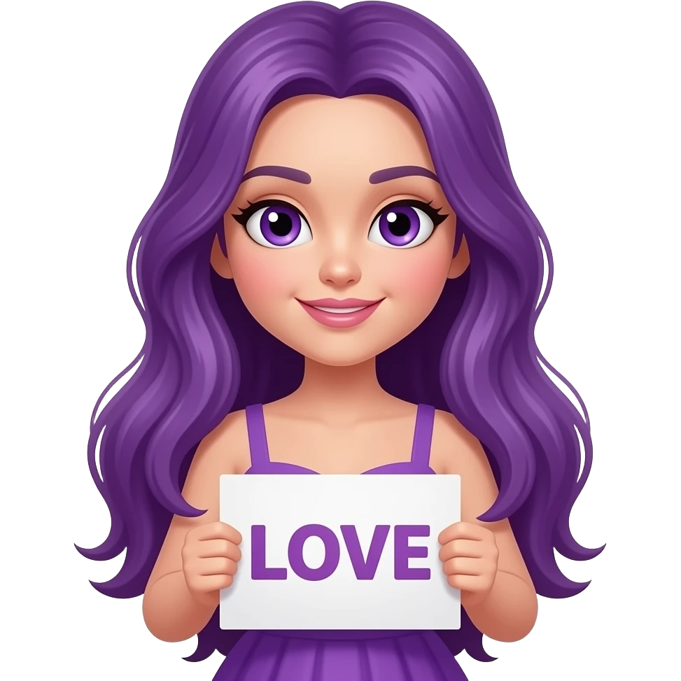 sexy girl with long purple hair and purple eyes wearing a dress holding a LOVE sign emoji