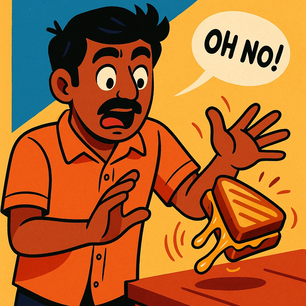 An Indian man with medium brown skin and black hair, wearing a casual shirt, accidentally dropping a grilled cheese sandwich, expressive and lighthearted scene, vibrant toon style emoji