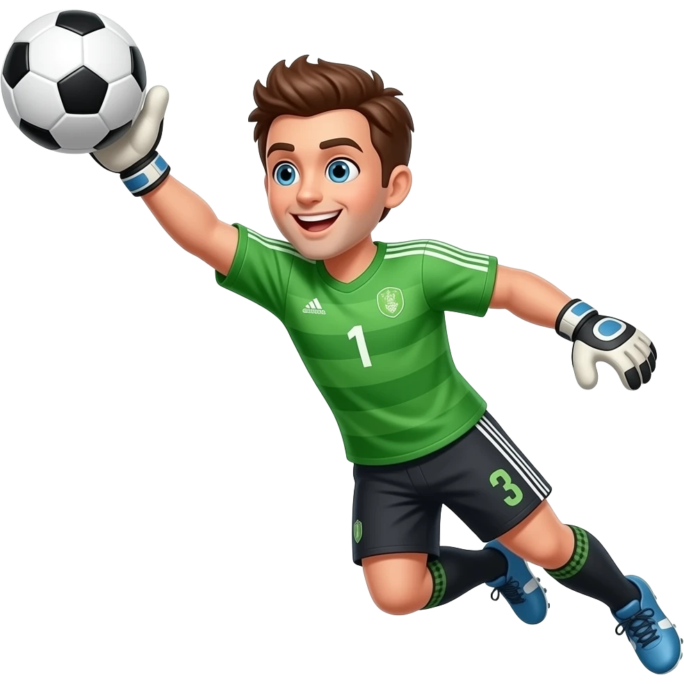 faça umgoleiro de camiseta verde, short conza, olhos azuis, cabelo marron, sorrindo se jogando para a esquerda como se fosse pegar uma bola emoji