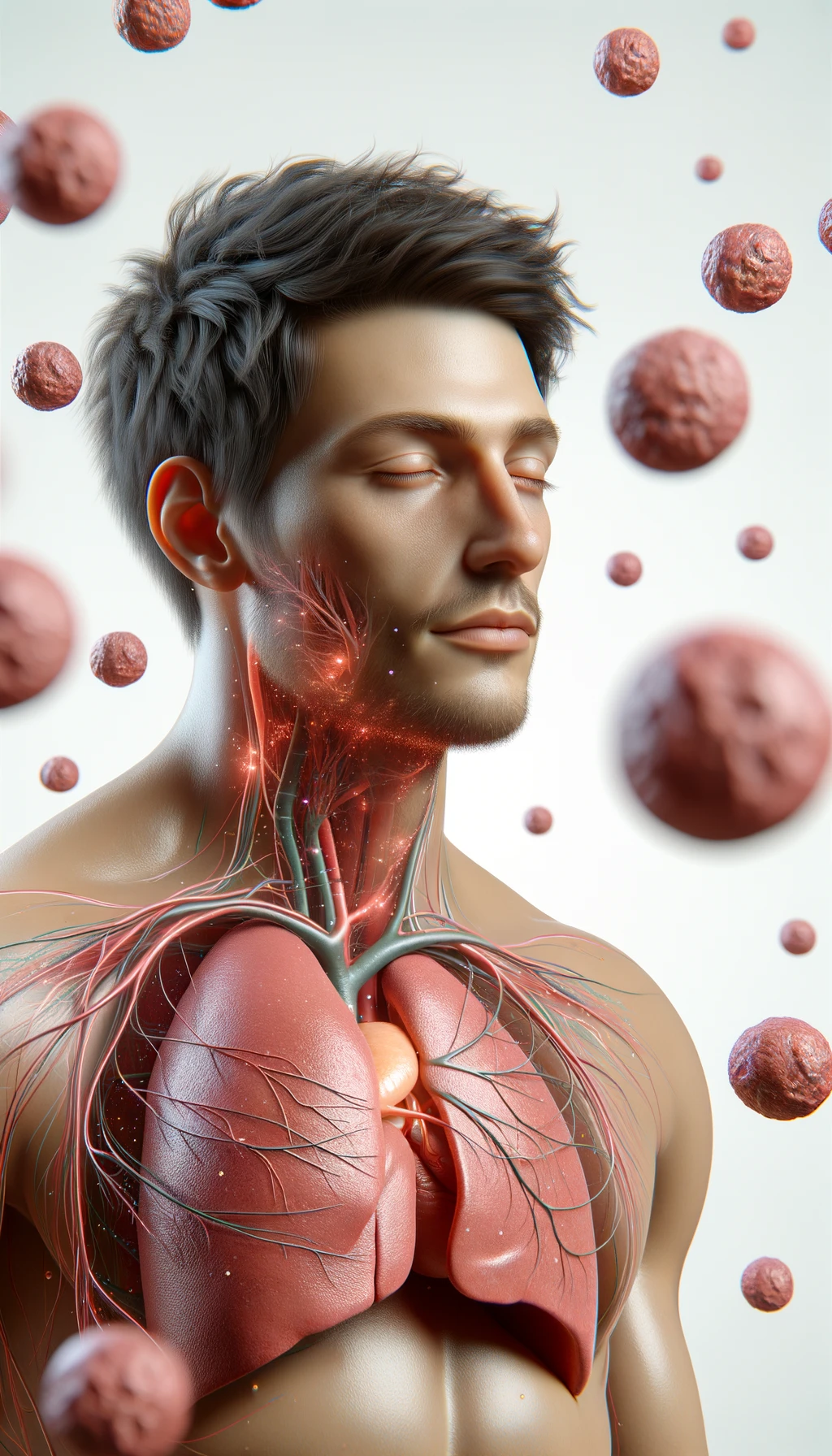 corpo umano anatomico con capelli corti e gli occhi chiusi, intorno a lui fluttuano cellule, fegato in evidenza, ha l'espressione rilassata, visto dal fianco iperrealistica 4k, isolato su sfondo bianco emoji