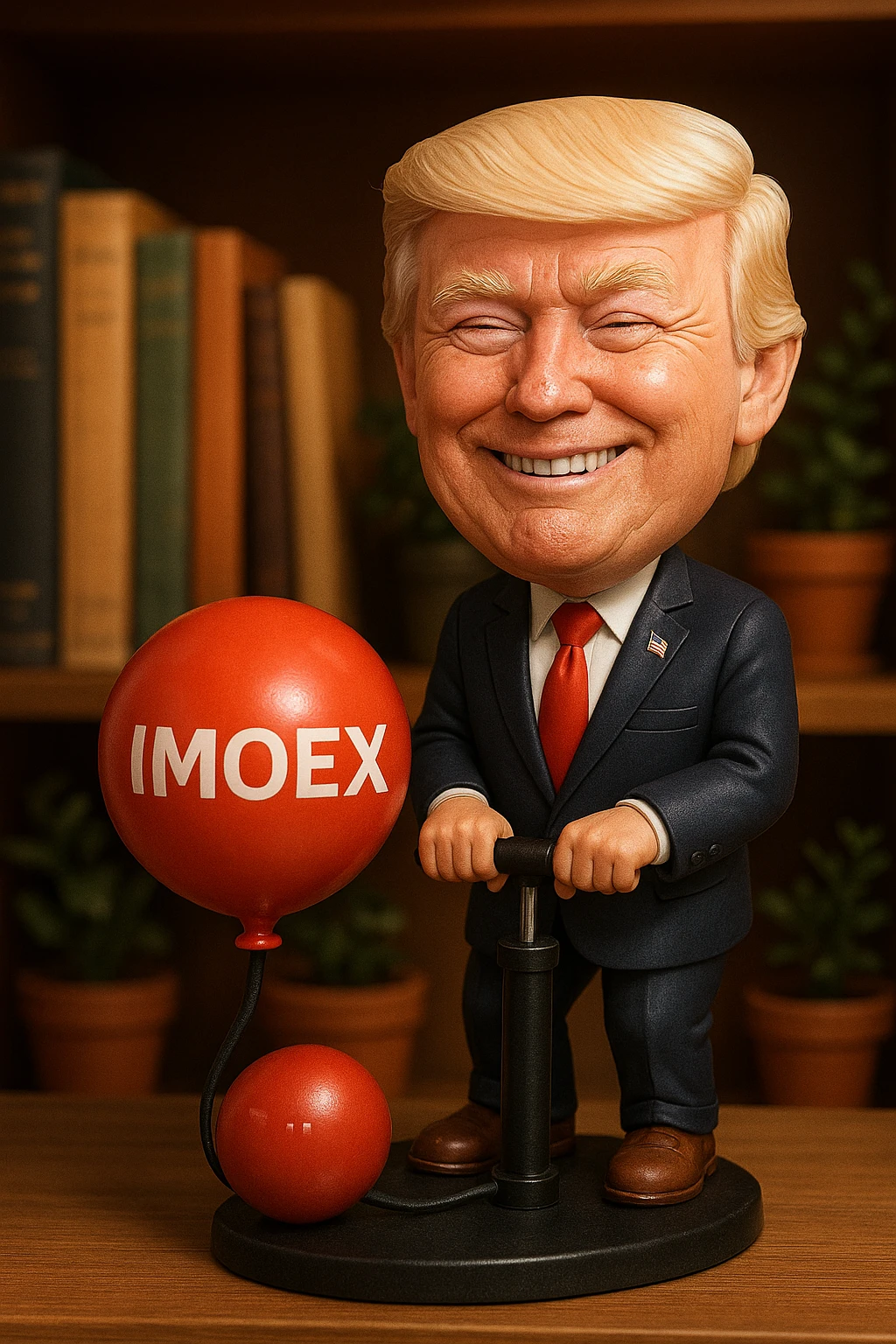 Дональд Трамп  улыбается в поте лица качает через насос, который подключен к шарику, который символизирует фондовый рынок и на нём написано IMOEX emoji