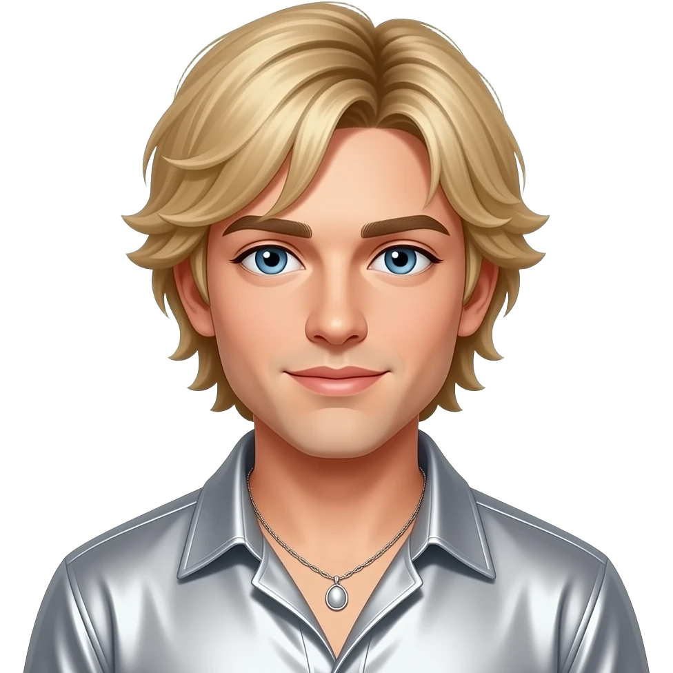 Ashley Parker Angel (Male Singer) from O-Town with blue eyes, blonde 2000s shag hair, silver metallic shirt, necklace emoji