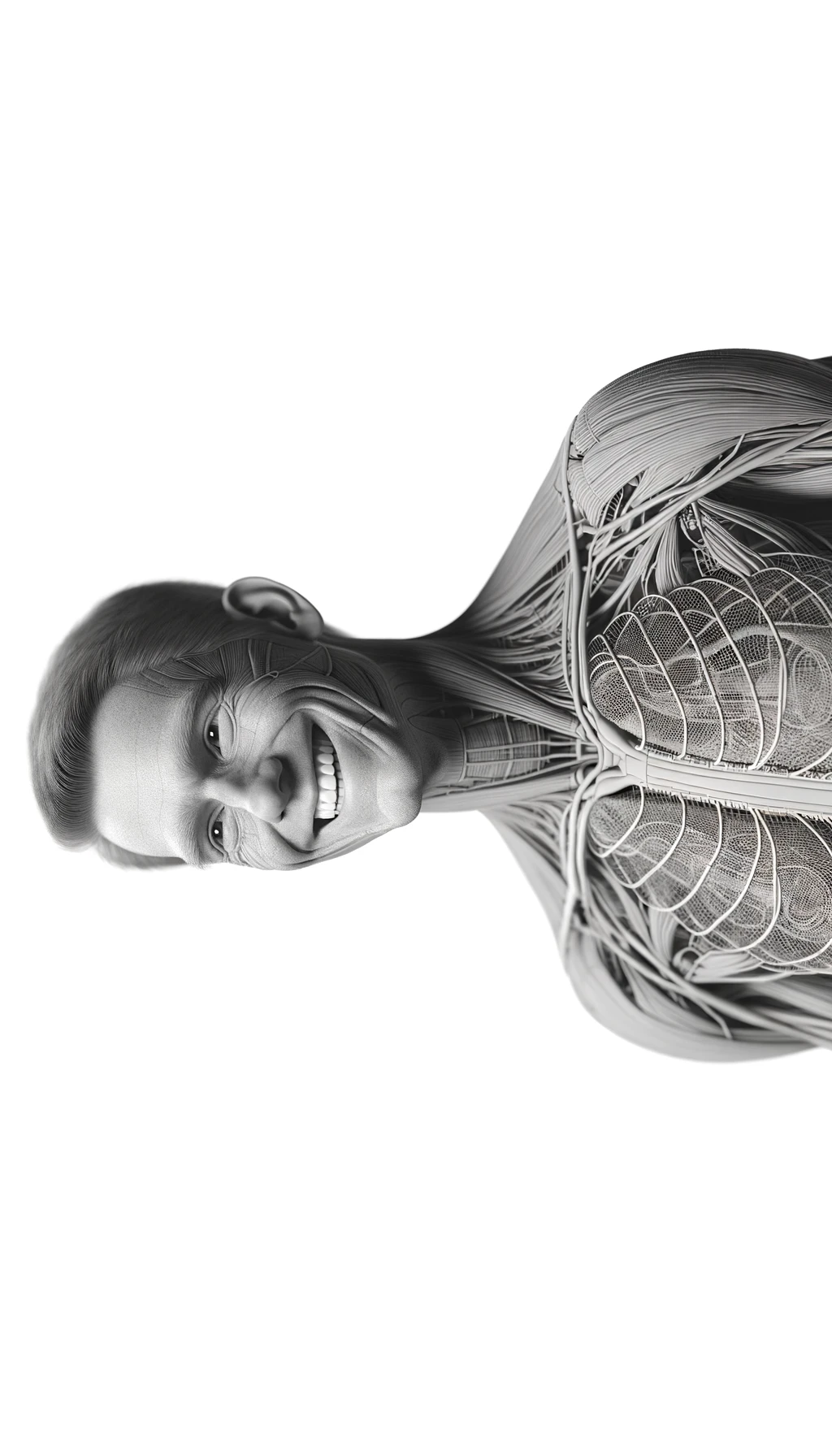 corpo umano anatomico a figura intera che sorride rilassato, iperrealistico 4k, isolato su sfondo bianco emoji