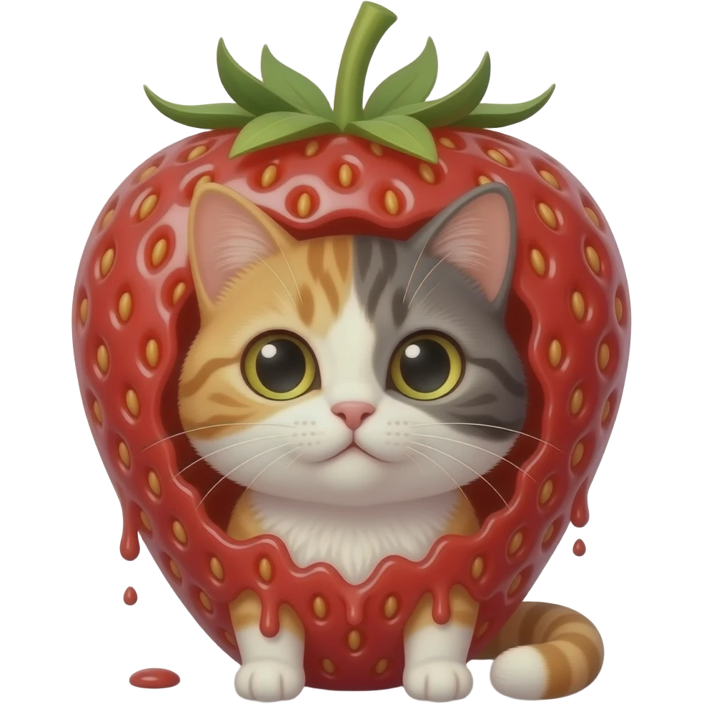 A cat that is inside a strawbarries and her body is covered emoji