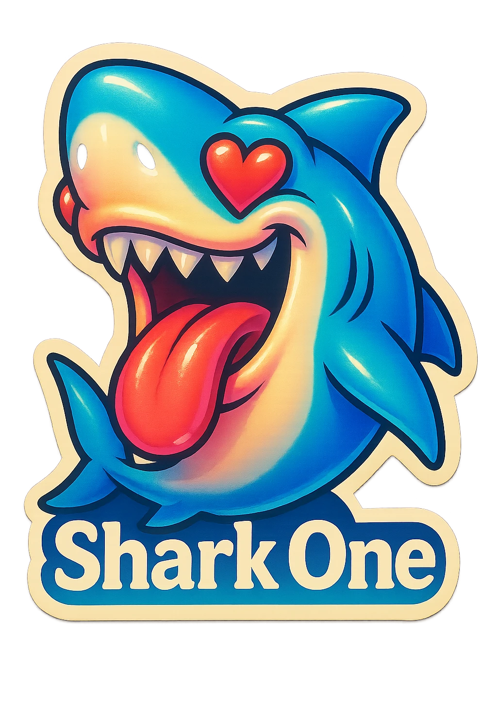 mouth open with tongue out
heart shaped eye
add the words “ Shark One " in White emoji