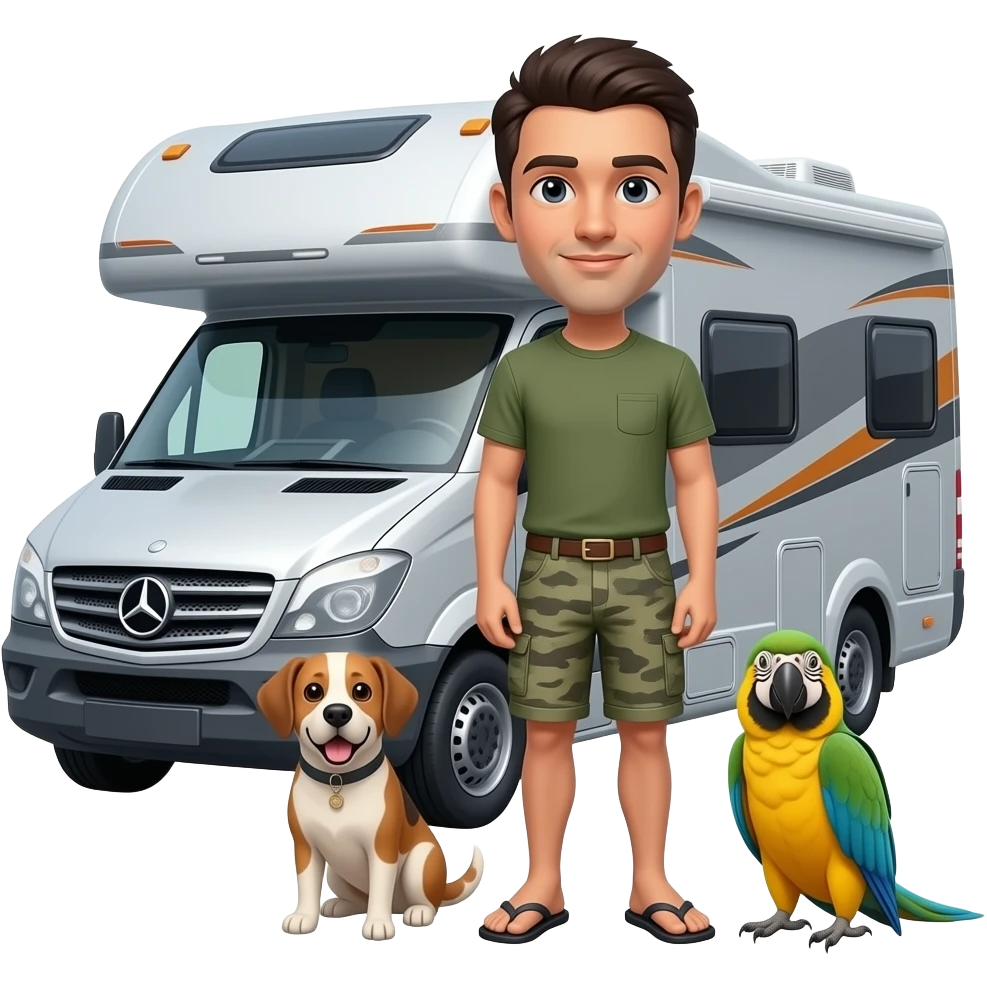 Slim military cut dark haired man in shorts and flip flops standing next to a grey Mercedes road style rv with a dog and parrot emoji emoji