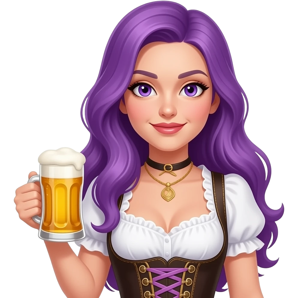 sexy girl with long purple hair and purple eyes wearing a dirndl holding a BIER LOVER sign emoji