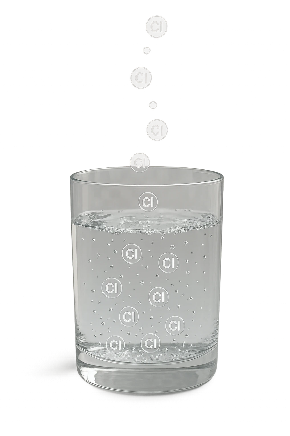 un bicchiere di acqua fluttua in aria realistico e dettagliato, dentro l'acqua del bicchiere ci sono particelle di cloro ben visibili con la scritta "Cl" sopra, ci sono particelle anche che escono dal bicchiere e fluttuano in aria verticalmente, mentre alcune sono all'interno dell'acqua nel bicchiere, iperrealistico 4k emoji