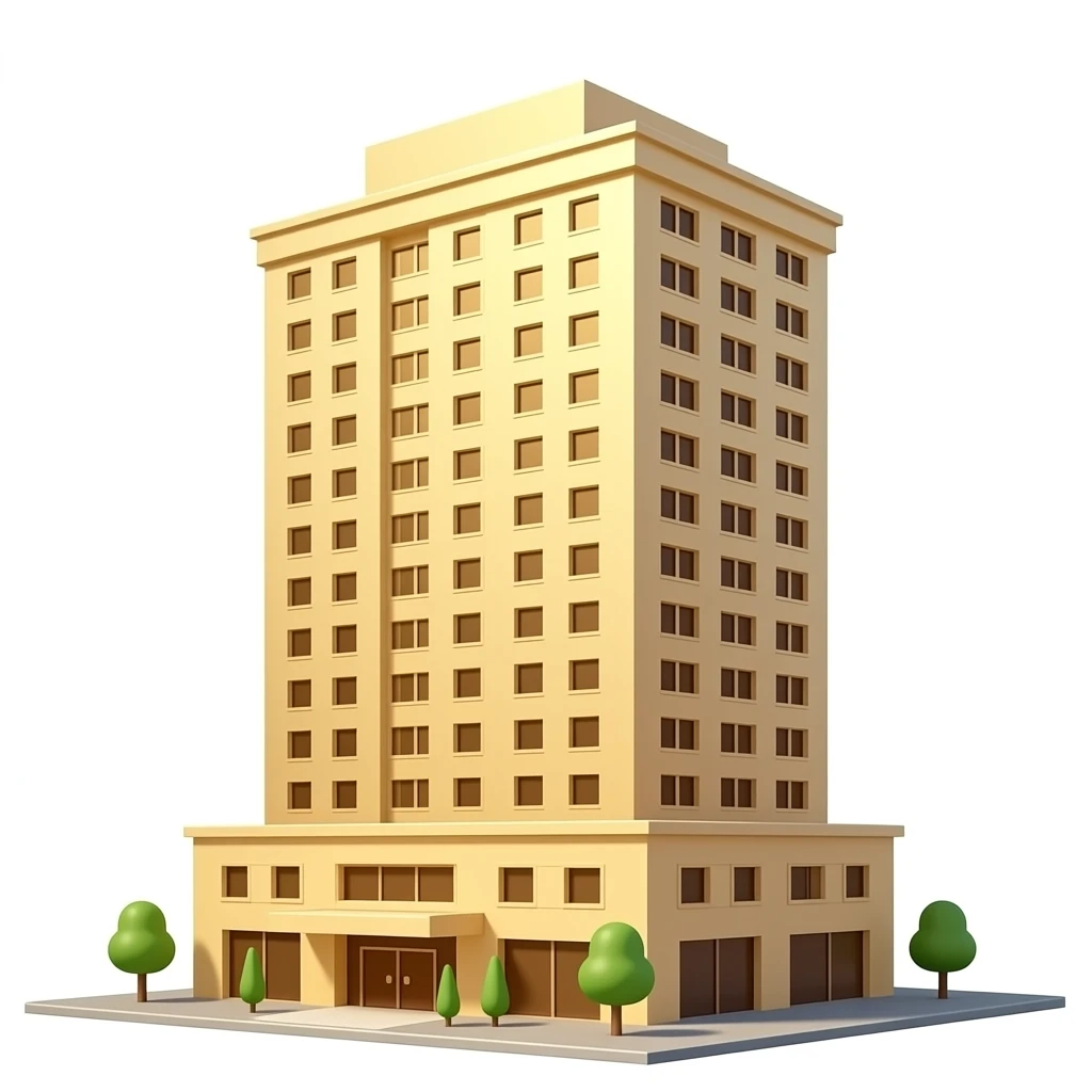 pixar-style 3D emoji style, glossy surface, soft shadows, white background, centered, no text, tall hotel no scene just a building , gold and warm cream tones, emoji