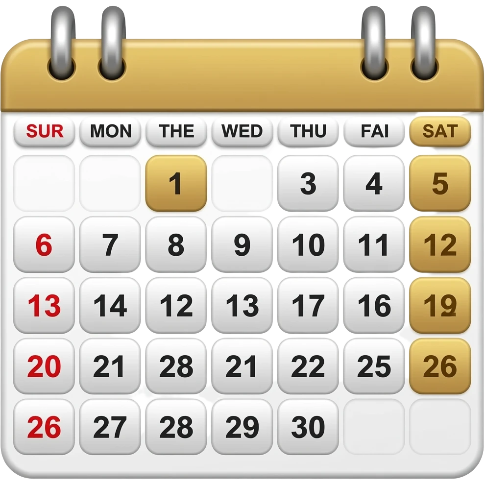 Can you generate me an image of a calendar styled like an emoji with 7 days and the weekends (first & last day) be golden please emoji