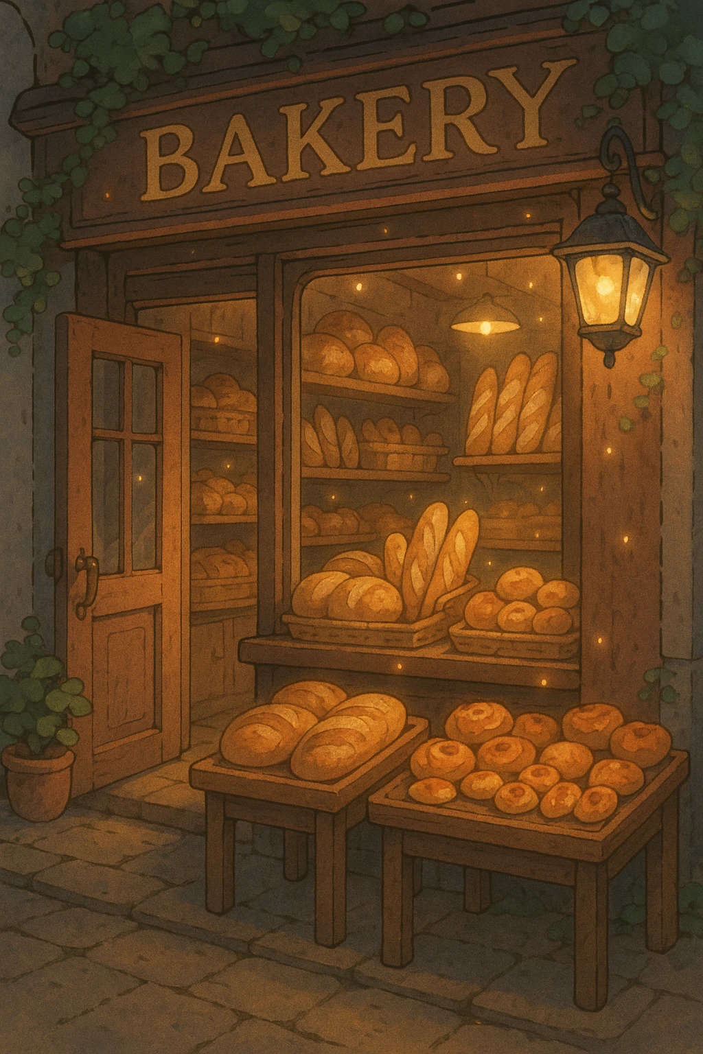 a cozy storefront bakery with bread and pastries, ghibli style, soft lighting, magical touch emoji