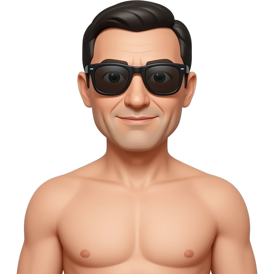 A guy, wearing sunglasses, 50 year old, full length, naked. emoji