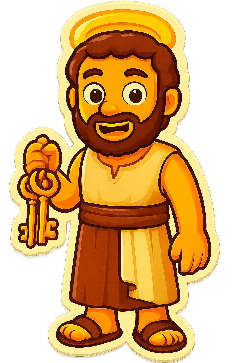 Make the colors even lighter and more saturated, matching the classic emoji yellow skin and bright robe style. Keep the sleeveless shirt and plain robes. Fullbody apostle Peter holding keys with expressive face and halo, standing, no background. emoji
