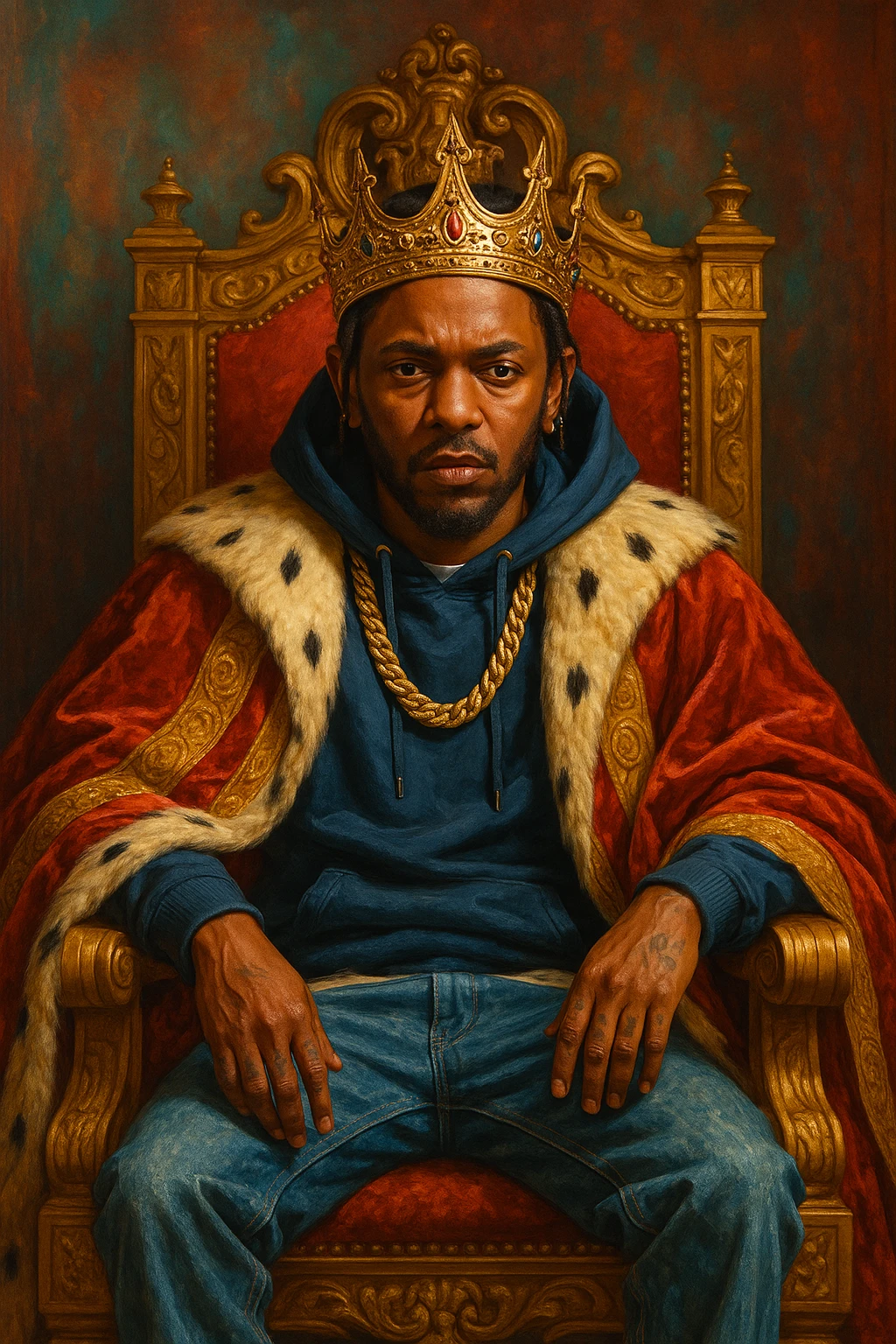 Kendrick Lamar as a king, sitting on a throne, gold crown, royal robe, serious face, urban style, vibrant colors emoji