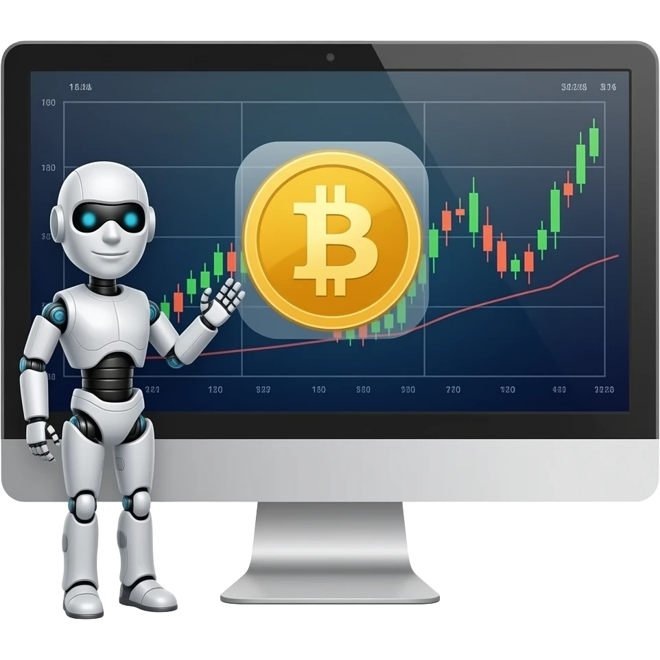 Use this vornexcoin logo to create an image of an ai bot trading on crypto emoji