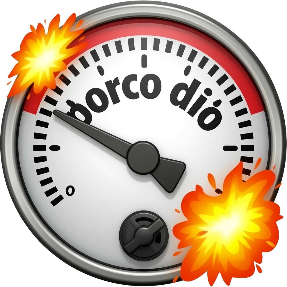 text large font size "porco dio", on a meter, no values, only white to red display, meter to the max red, explosion, fire emoji