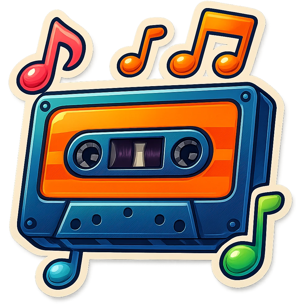 a cassette tape with musical notes emoji