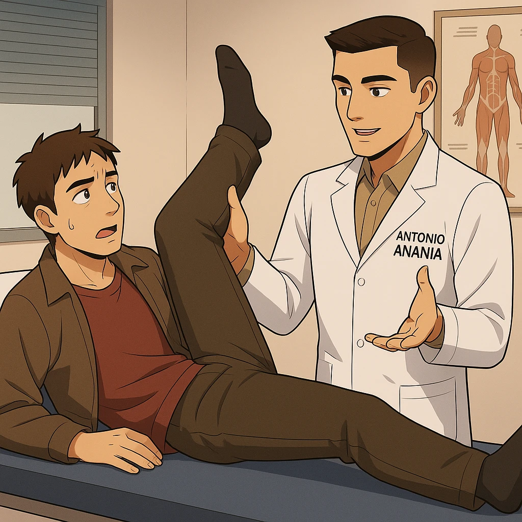 fai un webtoon manga a colori con questo stile, in cui un uomo è steso sul lettino medico e il kinesiologo con il camice bianco (fagli anche la scritta "ANTONIO ANANIA" SUL CAMICE, gli solleva una gamba per fargli il test neuromuscolare, IL KINESIOLOGO SPIEGA ALL'UOMO UNA cosa mentre gli alza la gamba. non fare i fumetti però, fai solo in modo che sembri stiano parlando emoji