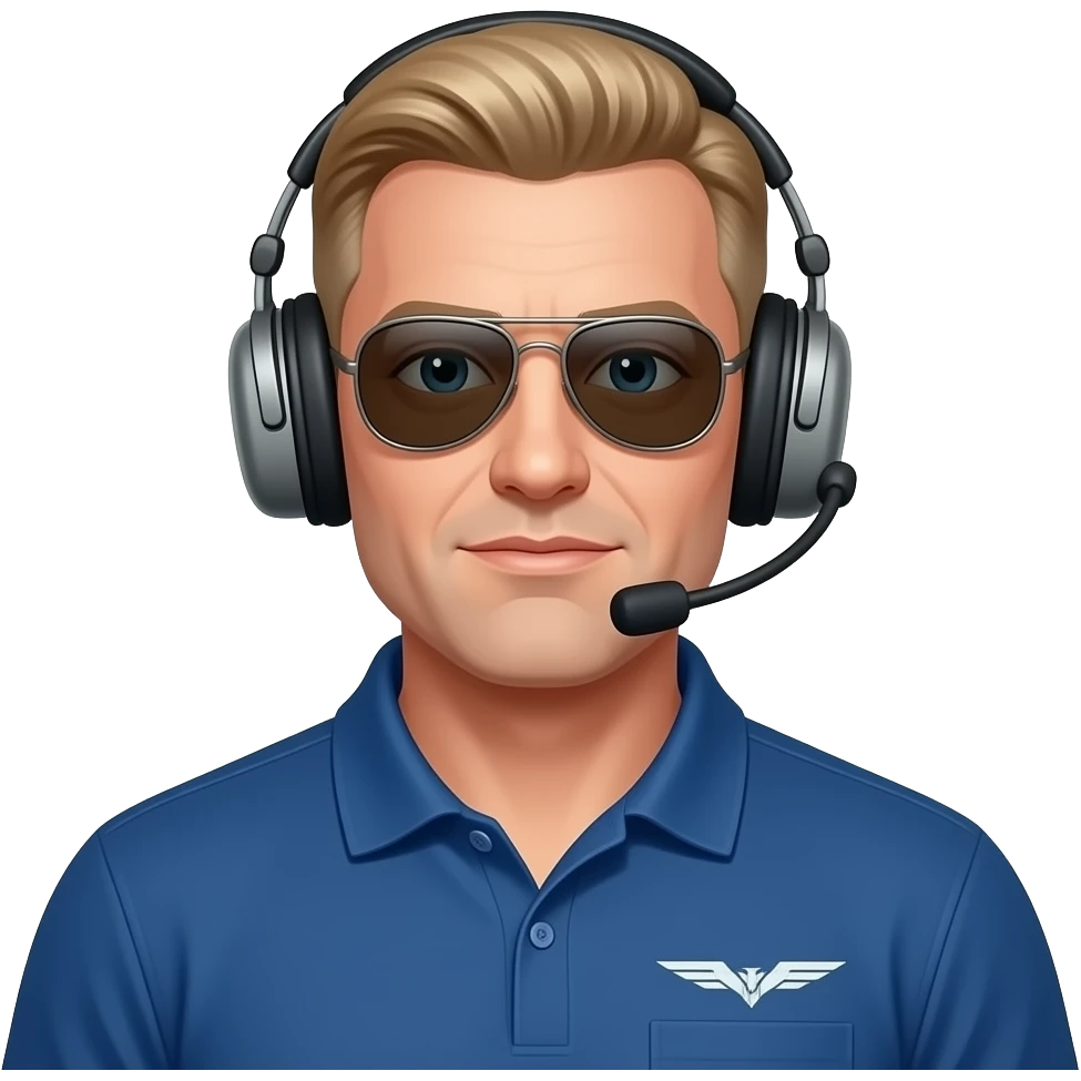 Adult man, 40, fair-skinned, light blond, slightly above-average build, rounded face, faded military-style sides and top , blond–dark brown hair, calm serious expression, flight instructor, aviator sunglasses, headset, blue polo. emoji