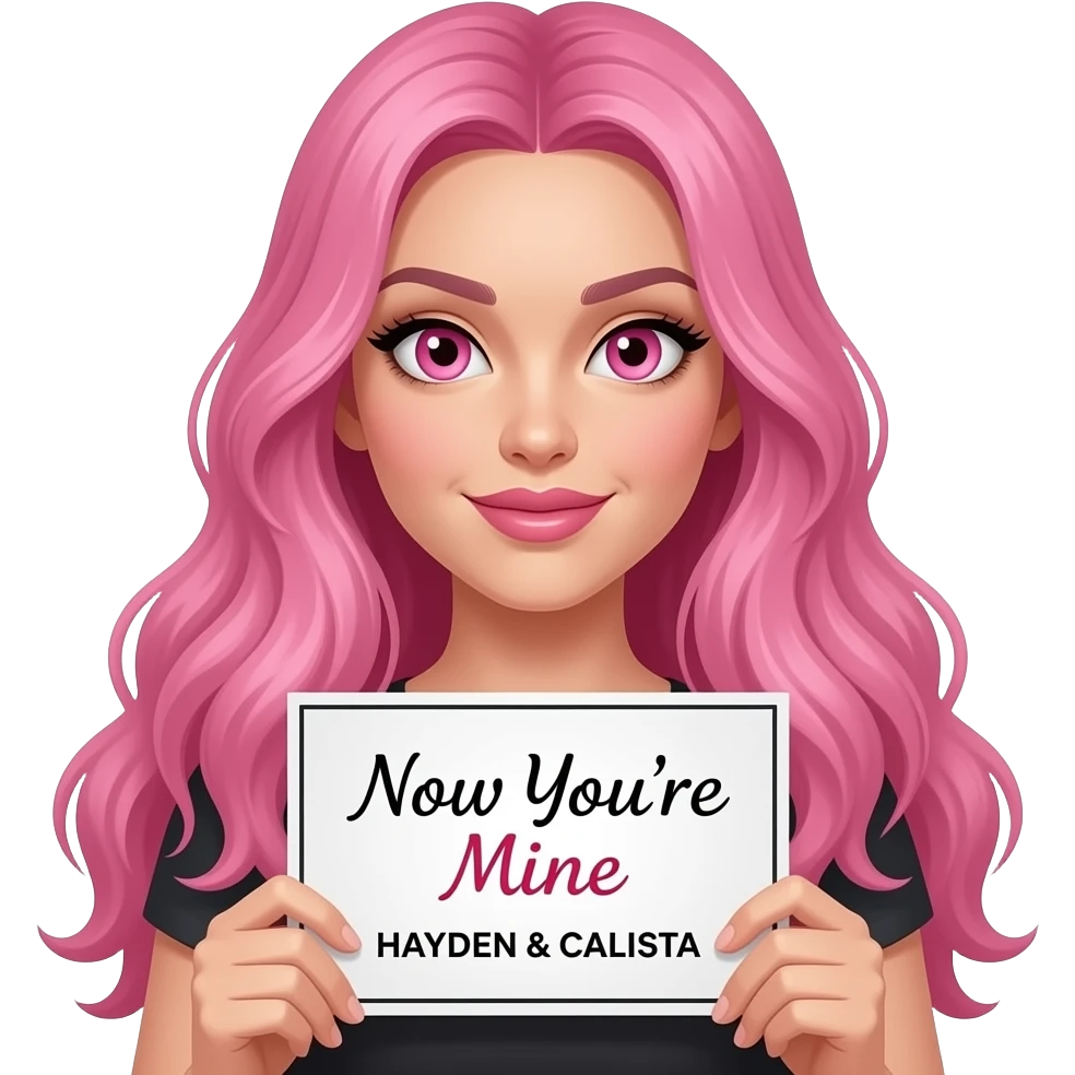 sexy girl with long pink hair and pink eyes holding a Now You're Mine HAYDEN & CALISTA sign emoji