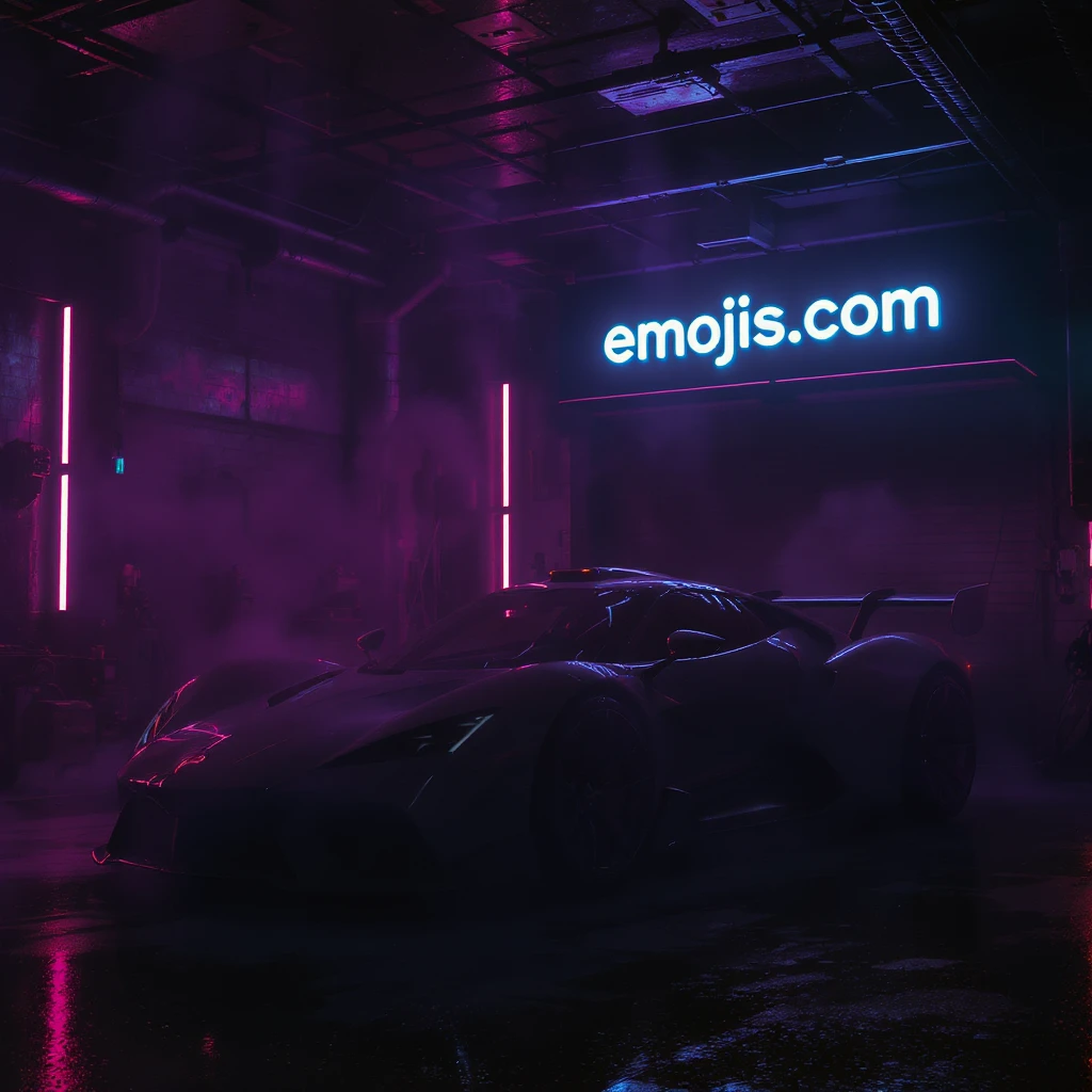 Cinematic still of a futuristic car parked in neon garage with led behind saying "emojis.com", room fill with haze, very detailed and futuristic ,inspired by cyberpunk 2077 emoji