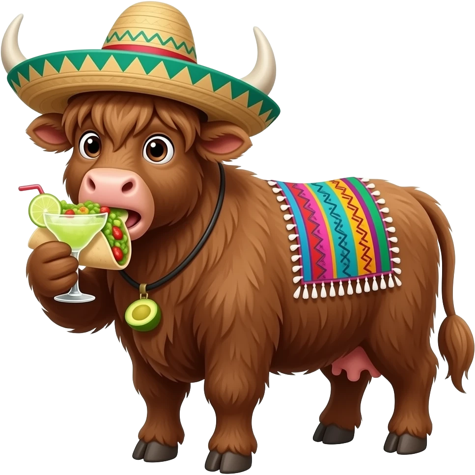 animated highland cow eating tacos and guacamole,wearing a pancho and sombrero drinking a margarita emoji
