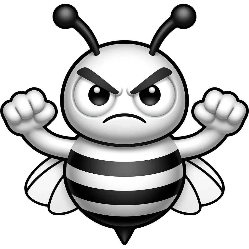 minimalist flat icon, angry bee emoji, black and white cartoon bee, thick bold outlines, white body with black stripes, big round eyes with angry eyebrows, clenched fists, transparent background, flat style, simple shapes emoji