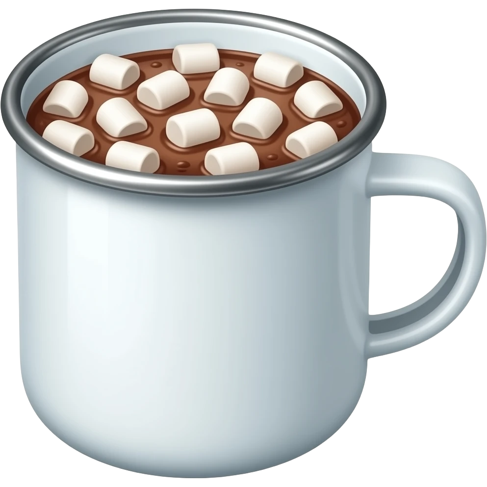 enamel camp cup with silver rim filled with hot cocoa and mini marshmallows emoji