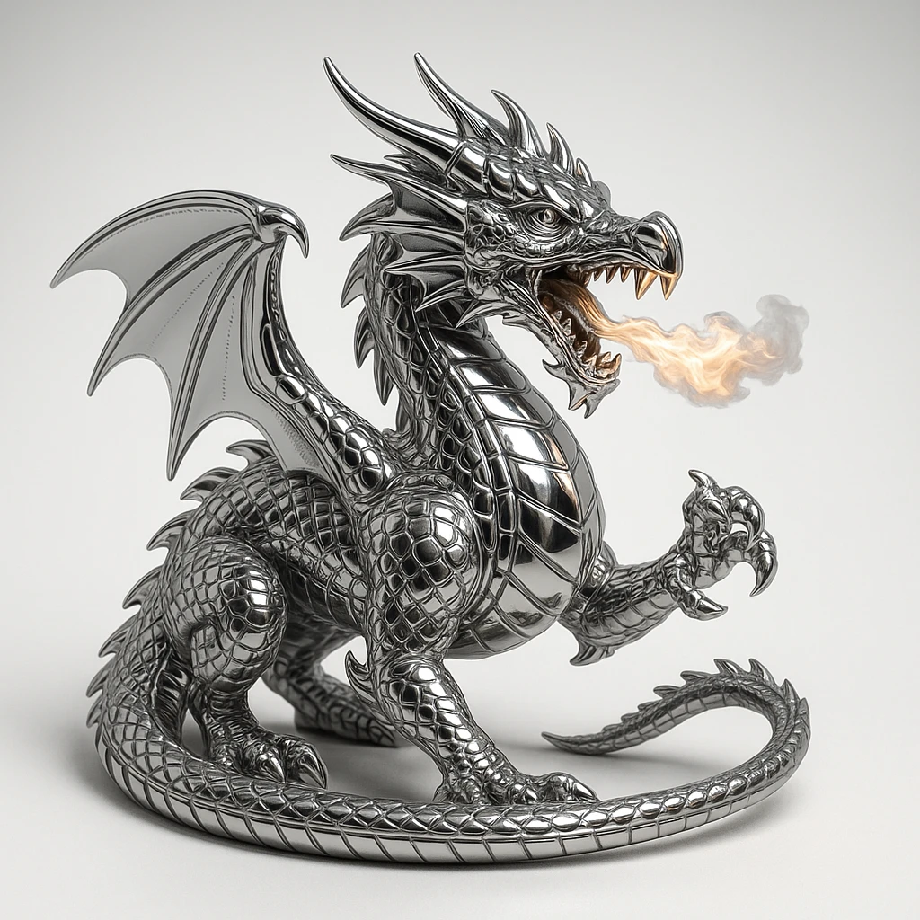 A dragon breathing fire, with chrome scales and a highly reflective, metallic look, 1:1 aspect ratio. emoji