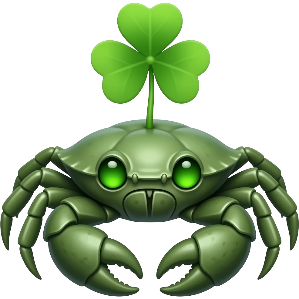 A green crab with a green  clover growing on its back on its back green eyes glowing eyes facing forward emoji